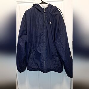Men's vintage Adidas winter jacket. Adidas logo on side of arm, dk blue, size XL